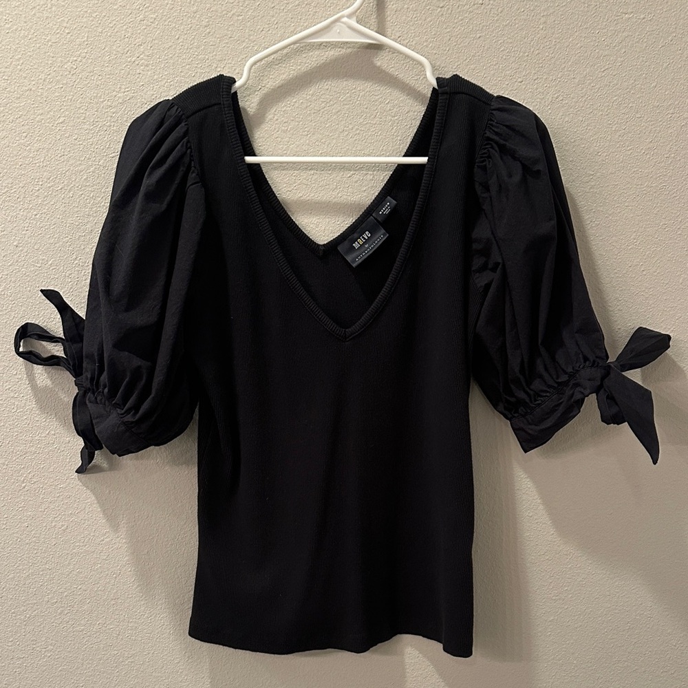Maeve Black Puff Sleeve Tie Front Blouse